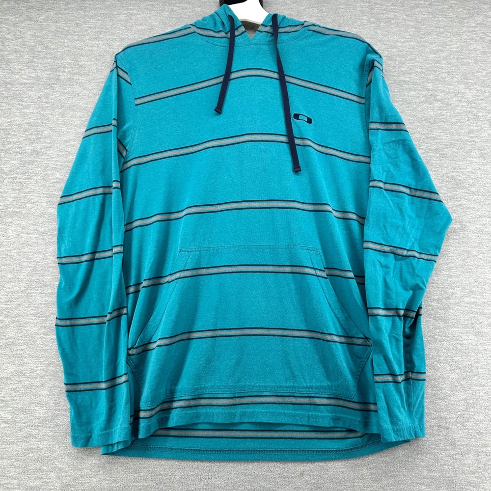 Oakley Hoodie Mens Large Teal Striped Pullover Lightweight Kangaroo Pocket Logo